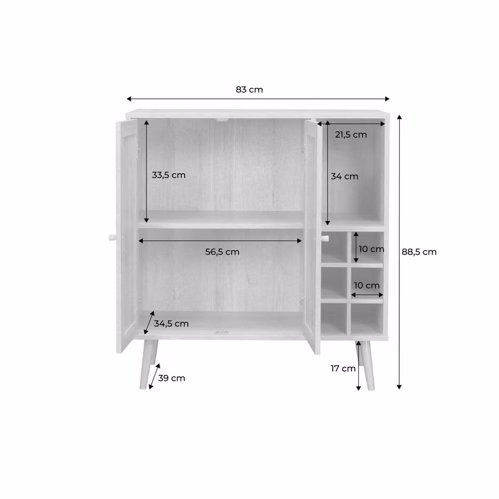 sweeek Scandinavian Sideboard with Bottle Holder in Brown Wood and Rattan, W/D/H: 88.5 x 39.0 x 83.0 cm – 2