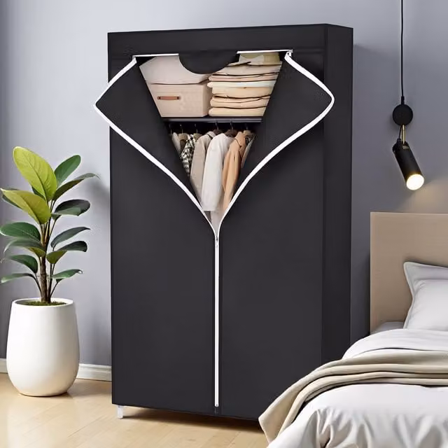SONGMICS Fabric Wardrobe with Hanging Rail, Black, W/D/H: 75 x 45 x 160 cm