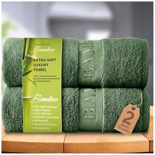 Gaveno Cavailia 2 Pack Green Bamboo and Cotton Large Bath Towels, 500 GSM, W: 70 cm, H: 120 cm