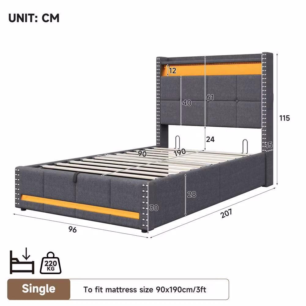 Merax 3FT Single Linen Ottoman Bed in Grey with LED Lighting and USB Charging Headboard, W/D/H: 90 x 190 x 115 cm – 5