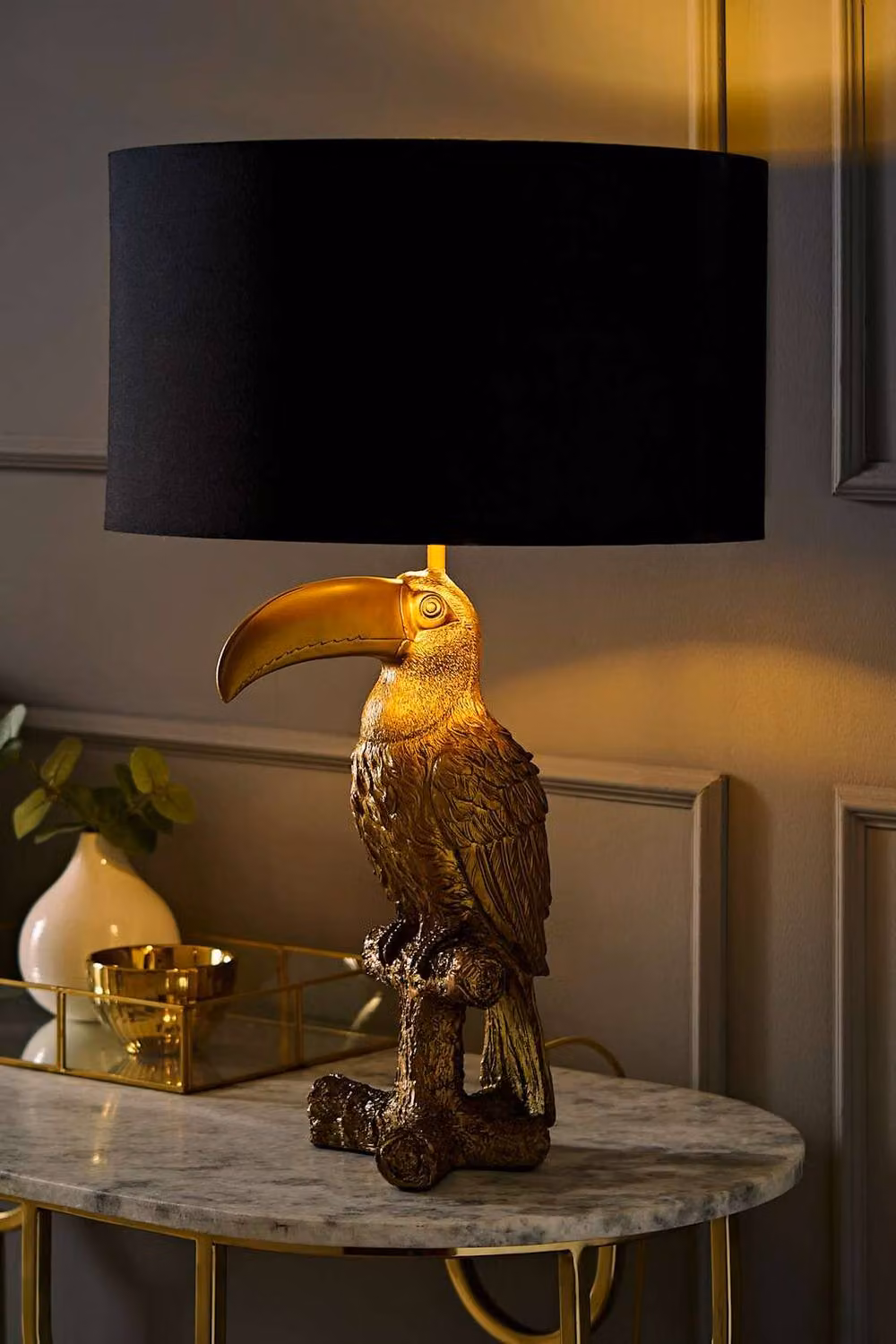 ValueLights Tuki Toucan Brushed Bronze Table Lamp with Black and Gold Fabric Drum Shade and Bulb – 2