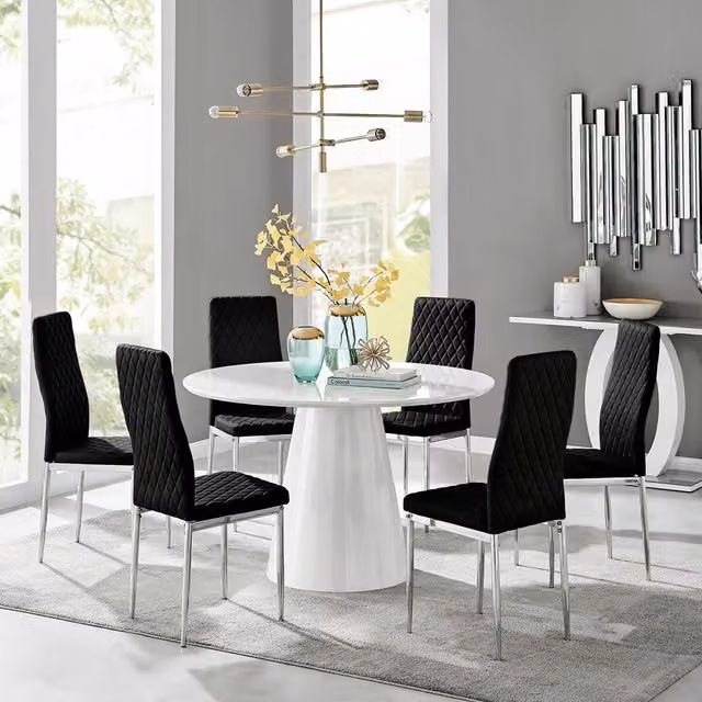FurnitureboxUK Palma White High Gloss Round Dining Table with 6 Black Velvet Milan Chairs
