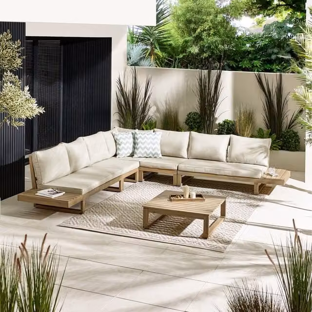 FurnitureboxUK Brisa 8 Seat Outdoor Sofa Set in Natural Teak Effect Wood and Cream