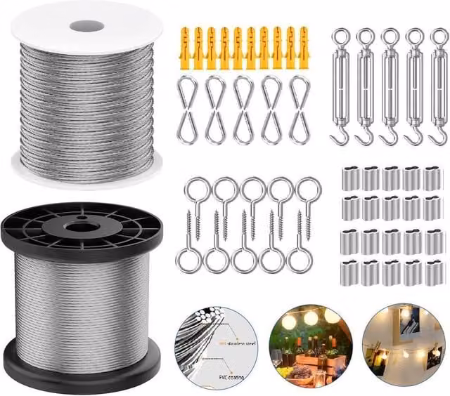 KORVIXA Garden Wire Rope Kit, 50m Silver Stainless Steel and PVC Coated Catenary Wire