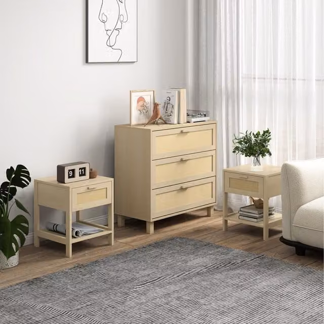 HOMCOM Boho Rattan Chest of Drawers and Nightstand Set in Brown and Beige Wood Finish