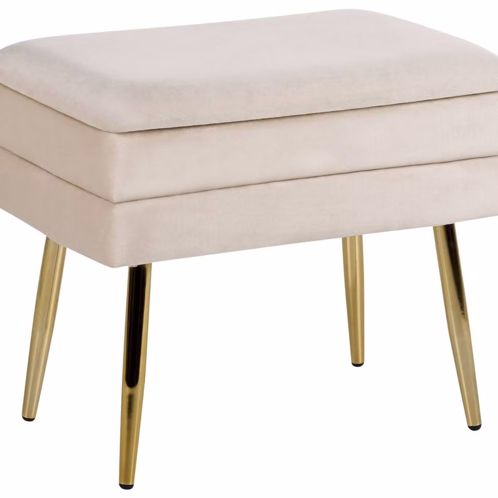Wyld and Coco Light Beige Velvet Storage Bench with Gold Tone Metal Legs – 2