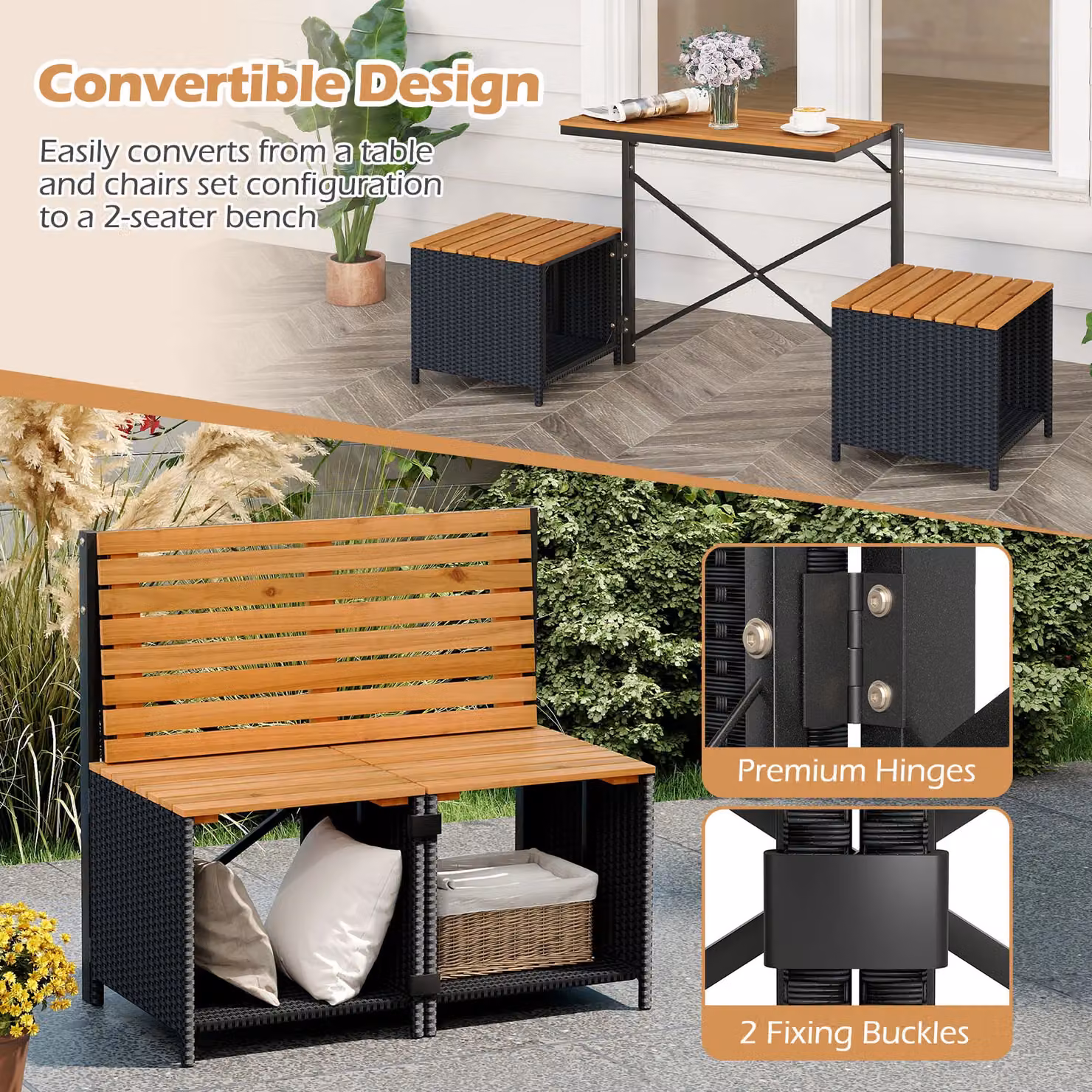 Costway Brown Acacia Wood and Metal Patio Furniture Set with Raised Garden Bed Table and Built-in Chairs – 2