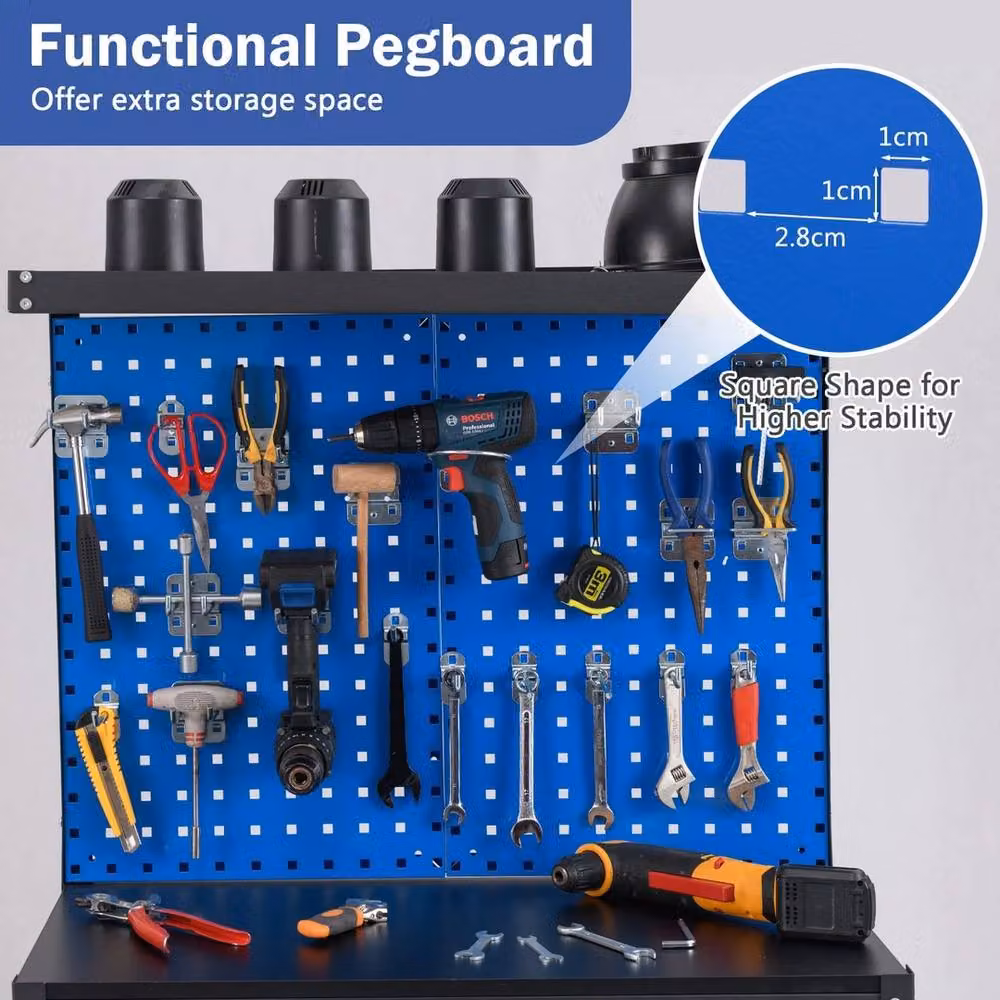 VOGREX Heavy-Duty Metal Workbench with Pegboard in Black and Blue, W: 81 cm, D: 41 cm, H: 156 cm – 4