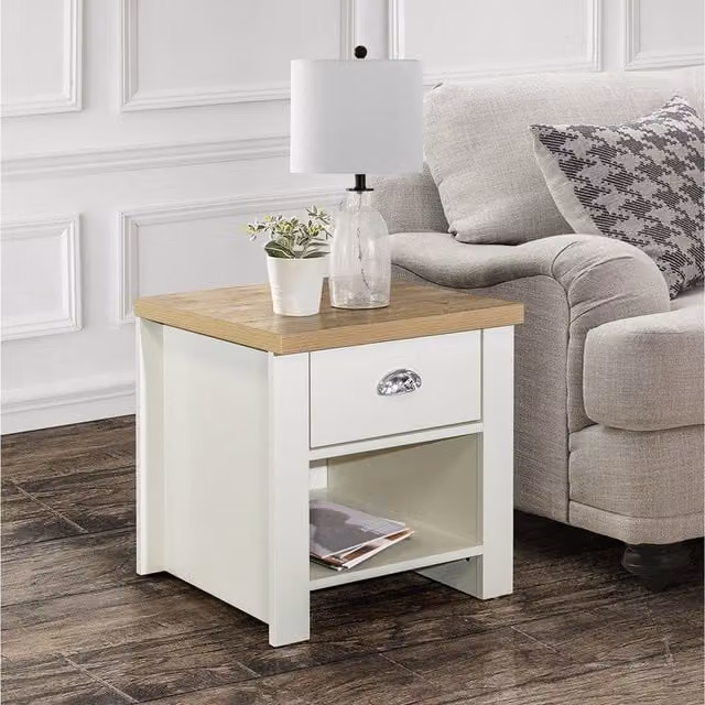 Birlea Highgate Modern 1 Drawer Lamp Table in Cream and Oak