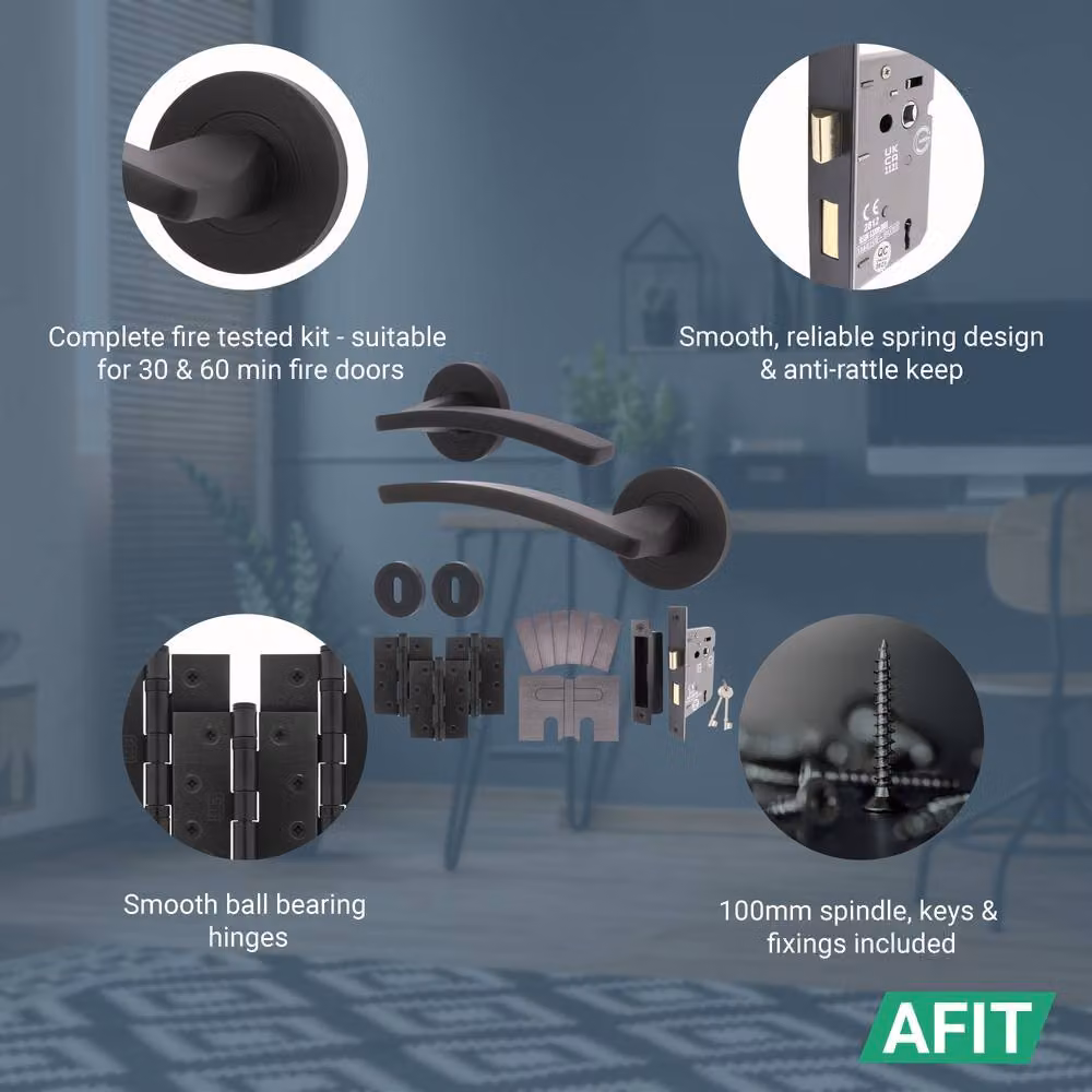 AFIT Matt Black Fire Door Handle Key Lock Set with Hinges and Screws, 150 x 150 mm – 3
