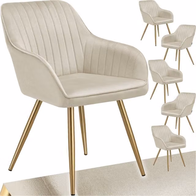 Tectake Marilyn Dining Chair Set of 6 in Beige Velvet with Gold Metal Legs
