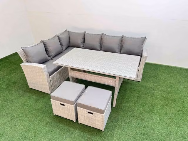 Fimous 8 Seater Rattan Garden Furniture Set with Dining Table and 2 Small Stools in Light Grey