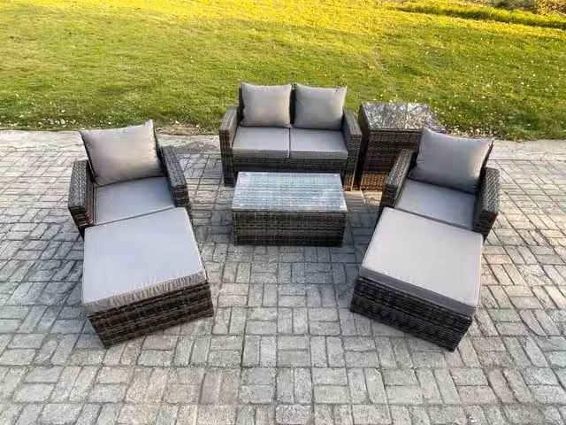 Fimous 6 Seater Dark Grey Rattan Garden Furniture Set with Coffee Table and 2 Ottomans