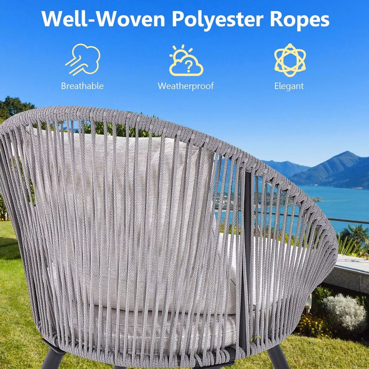 Costway 3 Piece Patio Furniture Set with Woven Rope Balcony Chairs and Seat and Back Cushions in Grey and Multicolour – 4