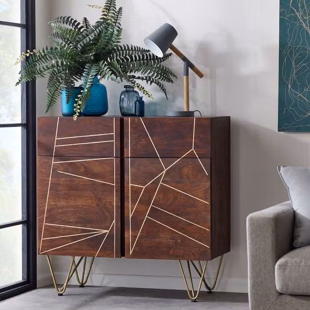 IH Design Dallas Small Sideboard in Dark Mango Wood with Gold Metal Accents
