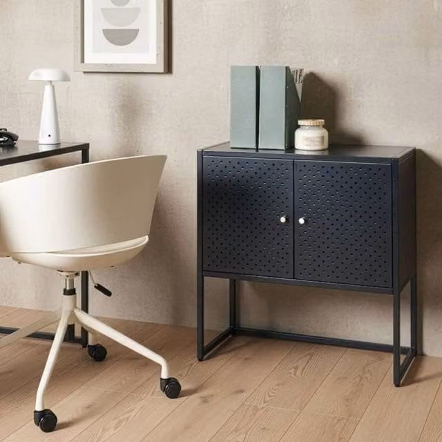 Wyld and Coco Black Matt Steel Industrial Cabinet with 2 Adjustable Shelves and Hinged Doors