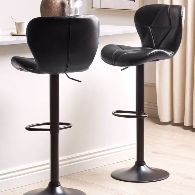 Wyld and Coco Set of 2 Black Faux Leather Industrial Bar Stools with Adjustable Swivel and Metal Base