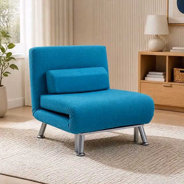 STILVORA 3-in-1 Blue Fabric Chair Bed with Five-Position Back and Metal Frame