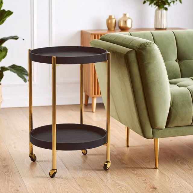 Fifty Five South Orsina Two Tier Drinks Trolley with Black Shagreen Effect Shelves and Matte Gold Frame