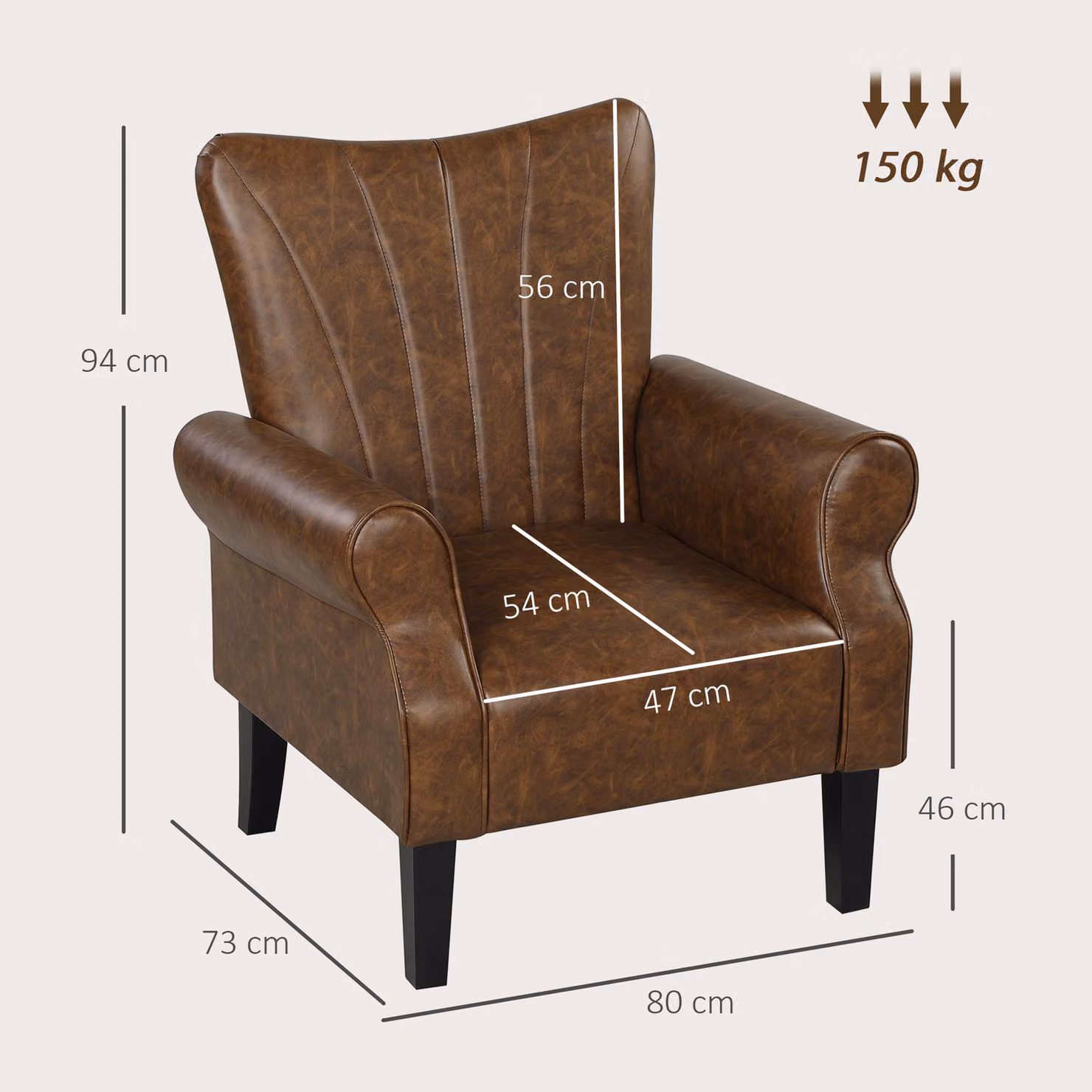 HOMCOM Brown Synthetic Leather Upholstered Accent Chair with Rolled Arms and Solid Wood Legs – 3