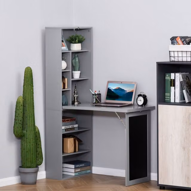 HOMCOM Folding Convertible Computer Desk with Reversible Blackboard in Grey