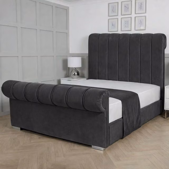 Living Comfort Bedz Orion Plush Velvet Upholstered Bed with Slatted Base and 48 Inch Headboard, Charcoal Grey, W/D/H: 140 x 200 cm