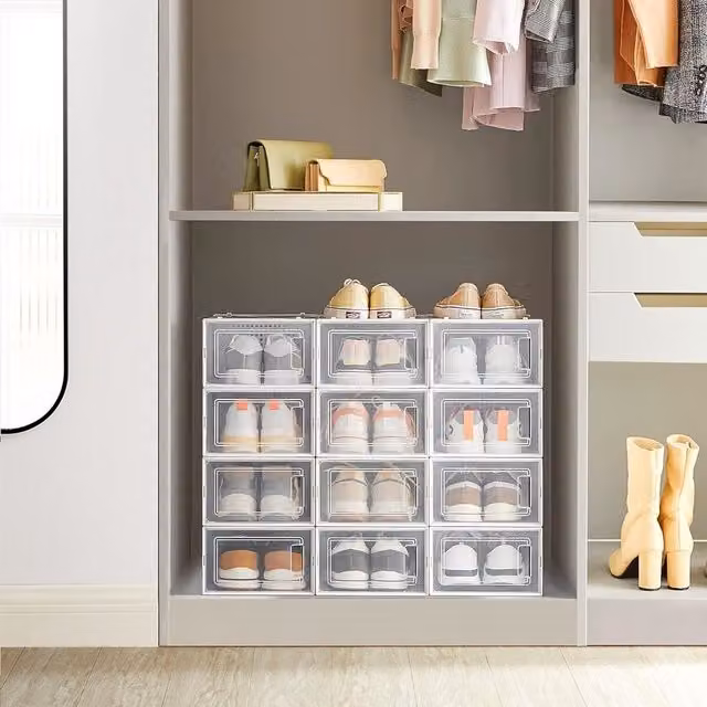 SONGMICS Pack of 12 Stackable and Foldable Plastic Storage Organisers in White and Transparent – 1
