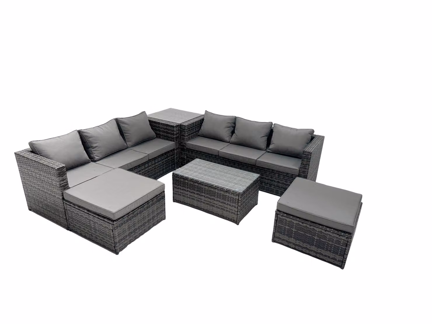 Fimous 8-Seater Patio Coffee Table Sofa Set with Side Table and 2 Big Footstools in Dark Grey – 2