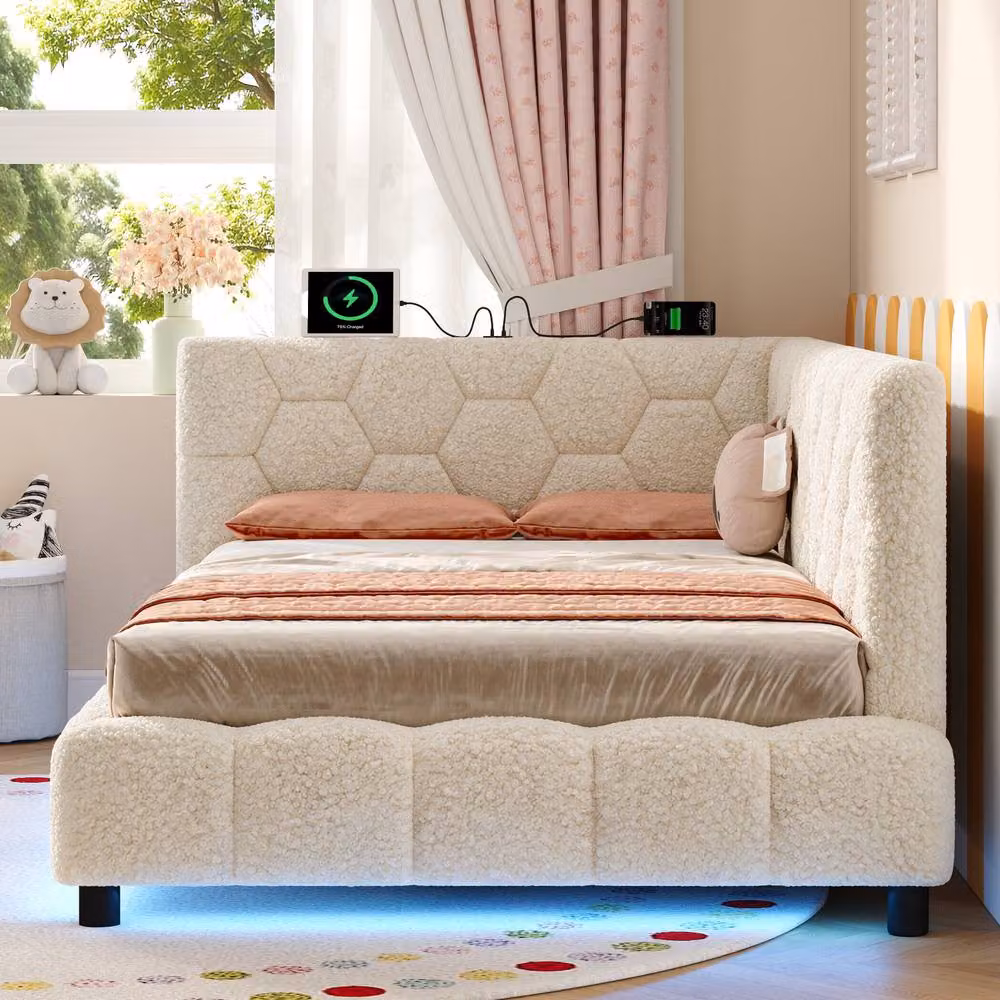 BTM Single Boucle Ottoman Bed in Beige with RGB LED Lighting and USB Charging Port, W/D/H: 90 x 190 cm – 2
