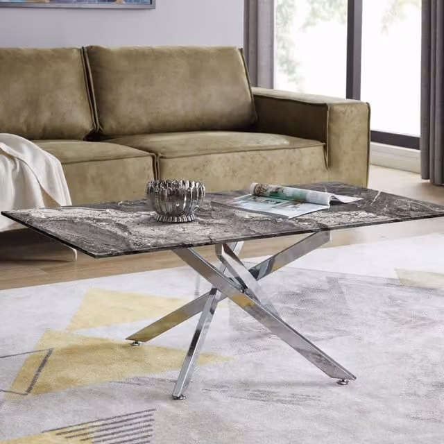 FurnitureboxUK Leonardo Square Coffee Table with Grey Marble Effect Glass Top and Silver Metal X-Frame Legs