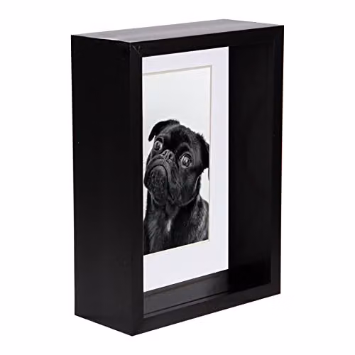 Nicola Spring Black Rectangular 3D Deep Box Wooden Photo Frame with White Mount, Hanging or Standing – 1
