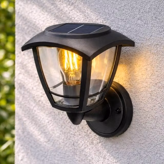 CGC Lighting Lara Black Solar Outdoor Wall Lantern with LED Warm White Light IP44