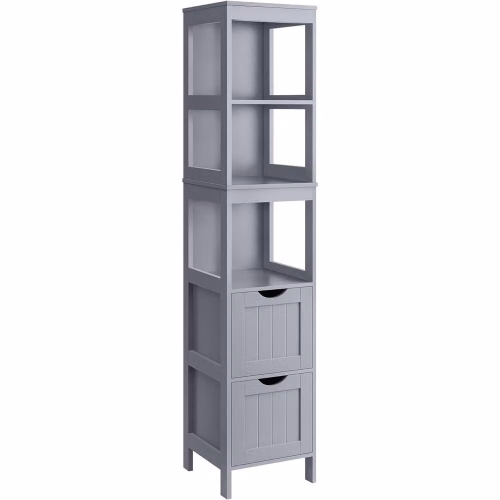 The Bazaarist Tall Bathroom Storage Cabinet with Drawer and Open Shelves, Grey, H: 141.5 cm, W: 30.0 cm – 2