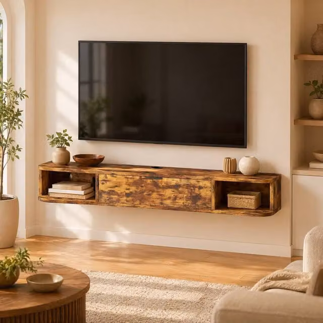 STILVORA Floating TV Unit with Drawer and Shelves in Brown, Width: 120 cm – 1