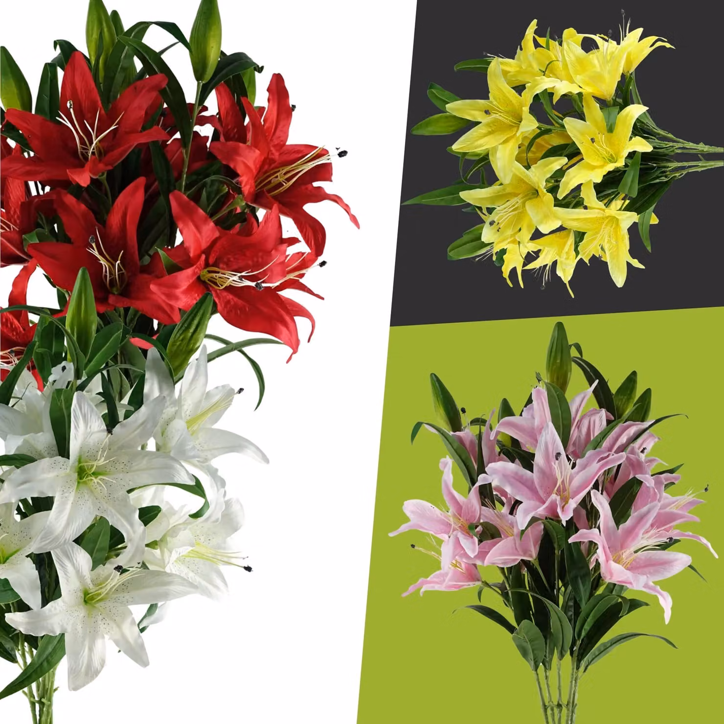 Pegdev Pack of 6 Artificial Lily Stems with 18 Textile Flowers, 100 cm Height, Available in White, Yellow, Red and Pink – 4