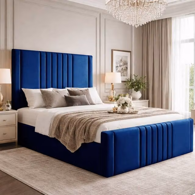 Desire Deco Haisley Ottoman Storage Bed Frame in Blue Plush Velvet, King Size (180 x 200 cm)