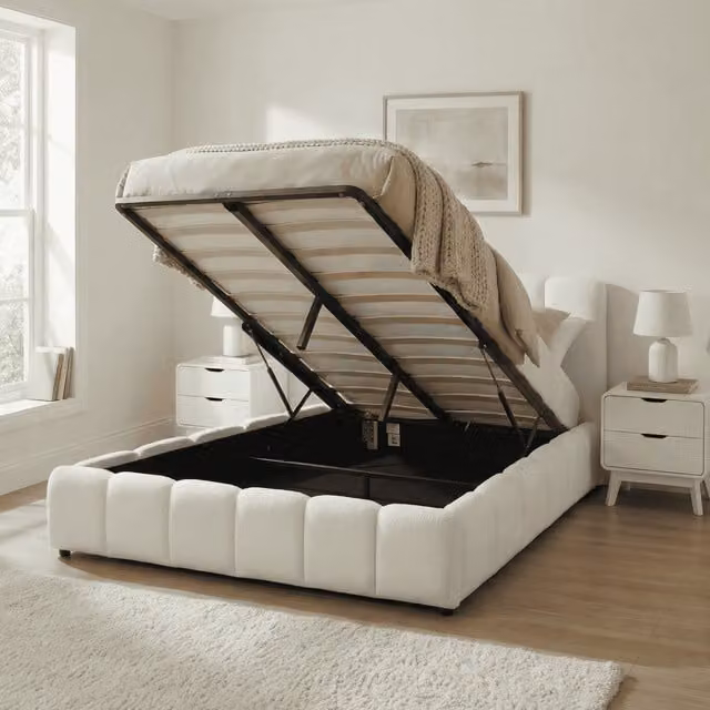 Home Source Bubble White Velvet End Lift Ottoman Storage Bed with Padded Headboard, W/D/H: 180 x 200 cm