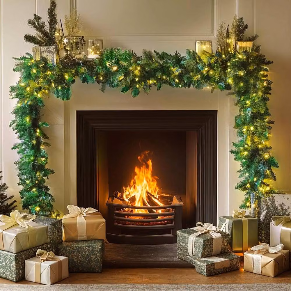 Kelvenix 9FT Pre-Lit Green Christmas Garland with Warm White LED Lights – 3