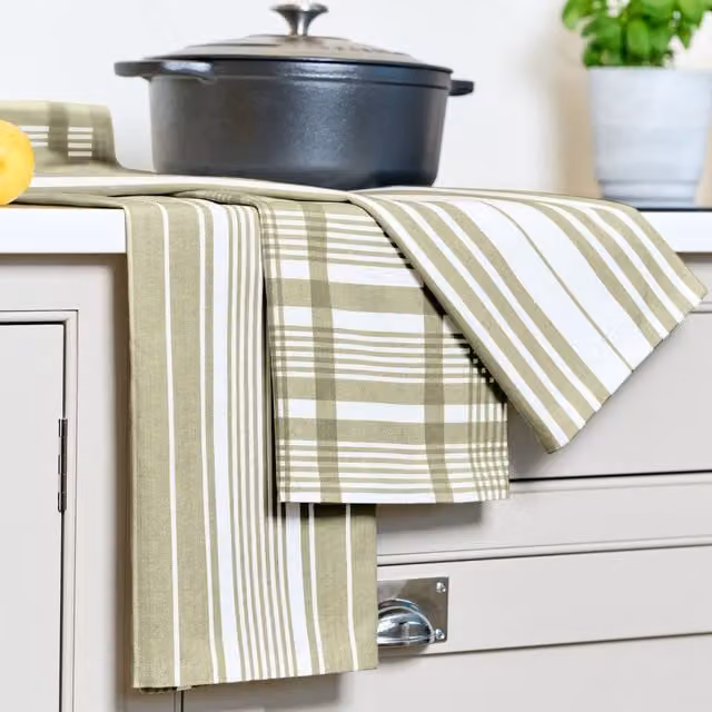 Dexam Set of 3 Green Striped Cotton Tea Towels