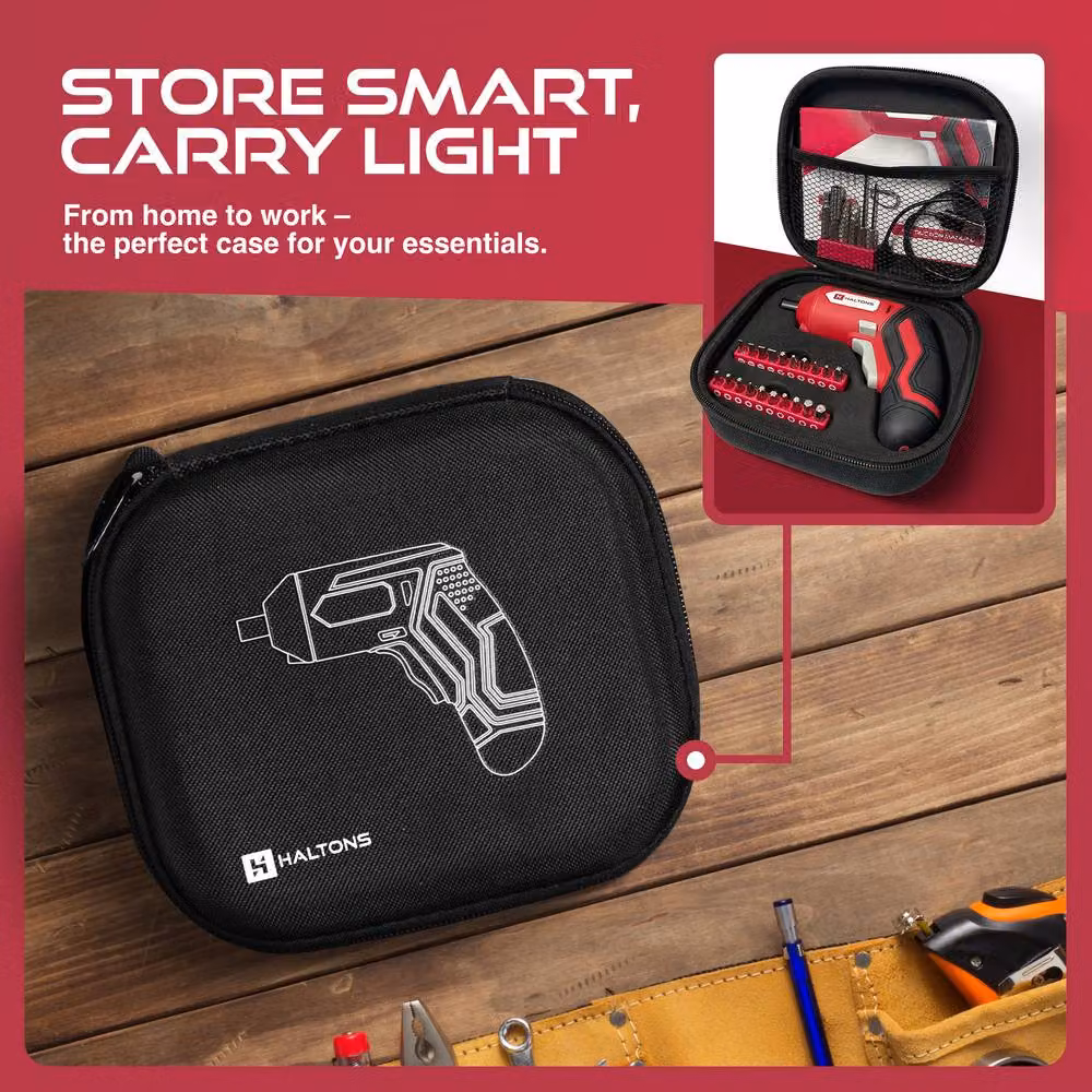 Haltons 25-Piece Red Cordless Electric Screwdriver Set with 3.6V Rechargeable Battery, 5.0Nm Torque and LED Light – 8