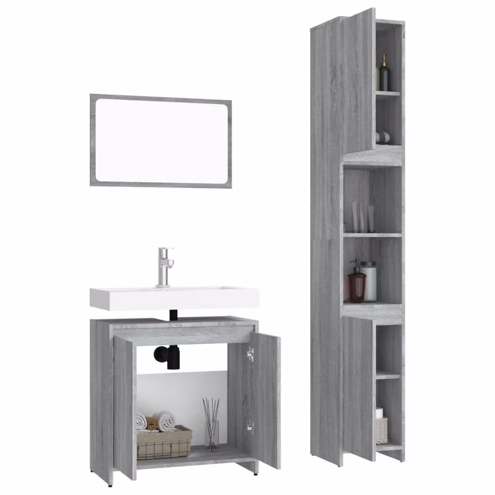 Berkfield Home Modern 3 Piece Grey Bathroom Furniture Set including Mirror Cabinet, Tall Cabinet and Vanity Unit – 2
