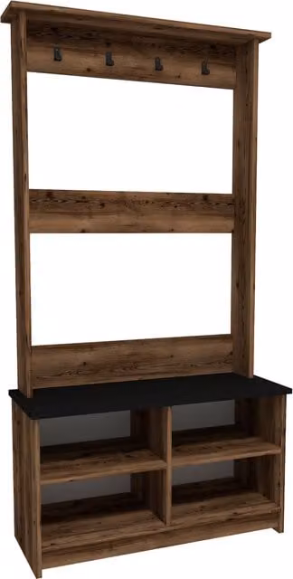 Destina Home Amelia Hall Tree Coat Rack with Bench and Shelves in Brown and Black, H 173.6 x W 90.0 x D 35.0 cm