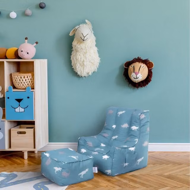 Ready Steady Bed Kids Animal Print Bean Bag Armchair with Footstool in Blue