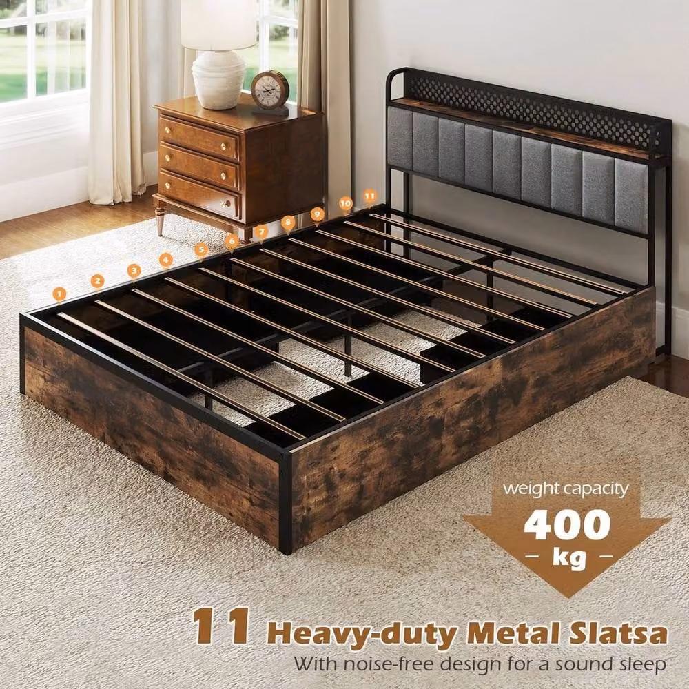 KORVIXA King Size Platform Bed in Brown with LED Under-Bed Lighting, USB Charging Ports, Bedside Shelves and Storage Drawers, 180 x 200 cm – 6
