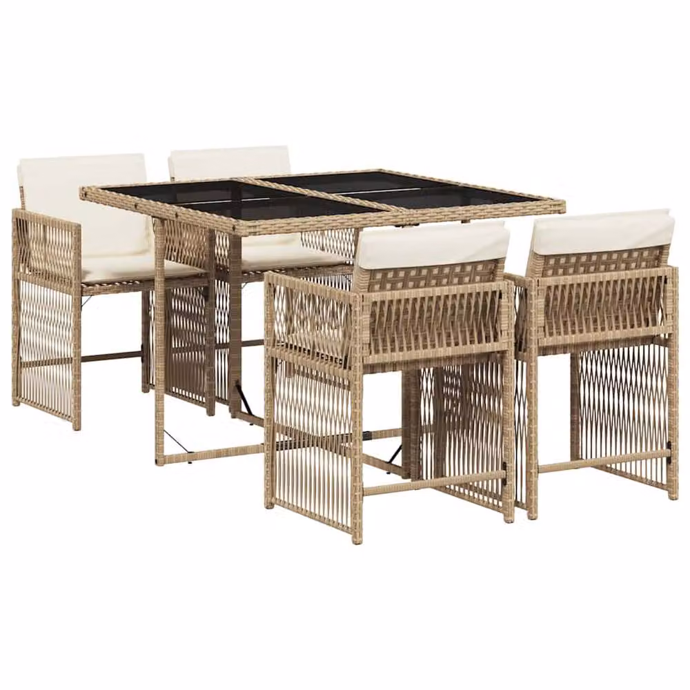 Berkfield Home 5 Piece Beige Poly Rattan Garden Dining Set with Cushions and Glass Top – 2