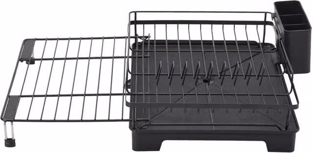 Garden Sanctuary Expandable Metal Dish Drainer with Drip Tray and Cutlery Holder in Black