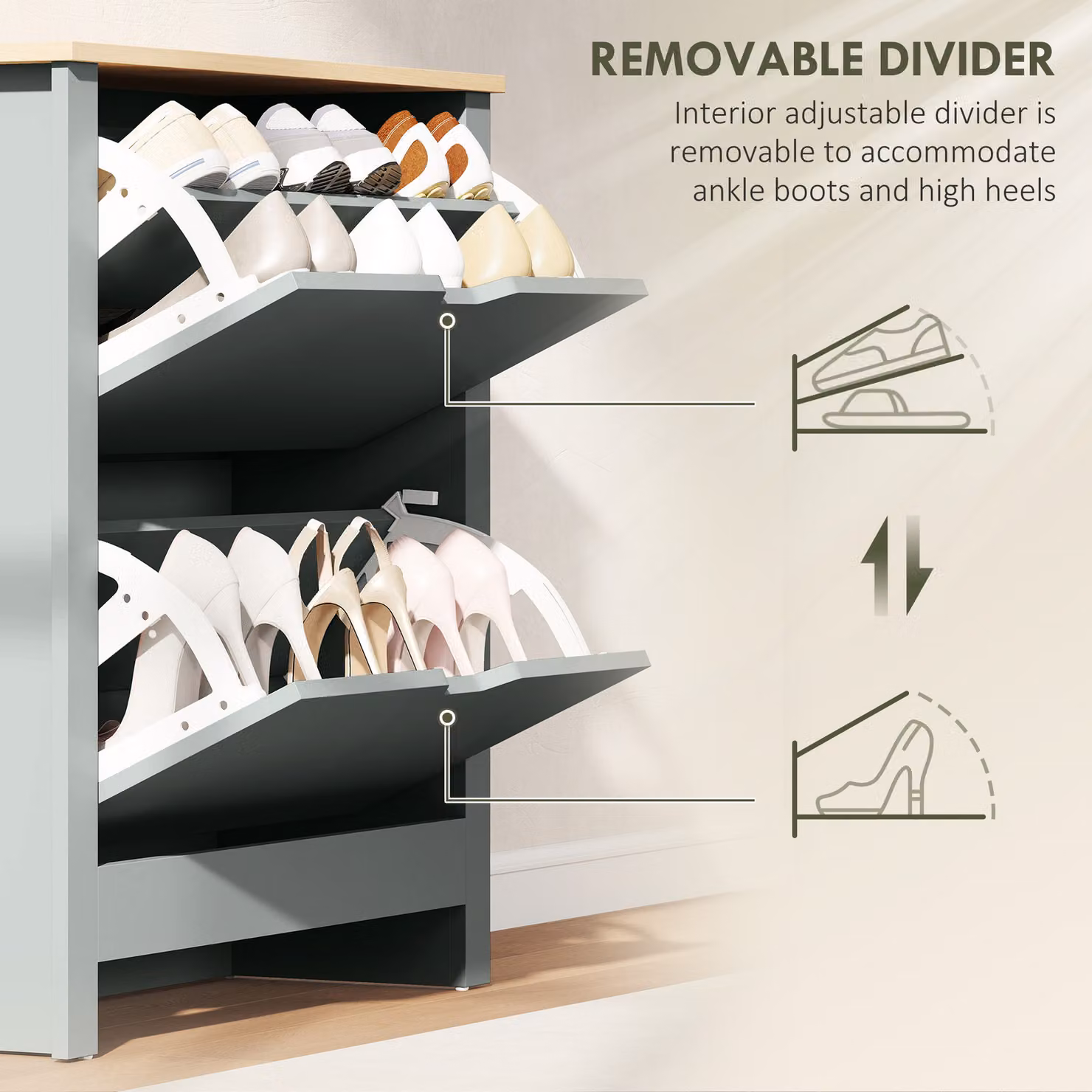 HOMCOM Slim Shoe Cabinet in Light Grey with 2 Tilting Compartments and Adjustable Internal Shelves for 12 Pairs of Shoes – 5