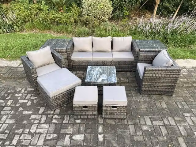 Fimous 8 Seater Wicker Rattan Garden Furniture Set in Dark Grey with Armchairs, Coffee Table, Side Tables and Footstools