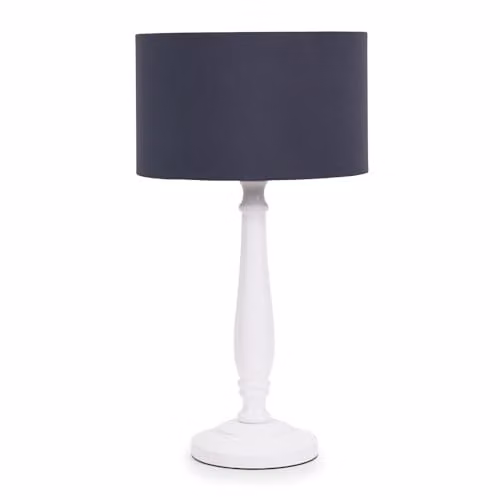 ValueLights Traditional White Wood Candlestick Table Lamp with Navy Blue Fabric Drum Shade and LED Bulb
