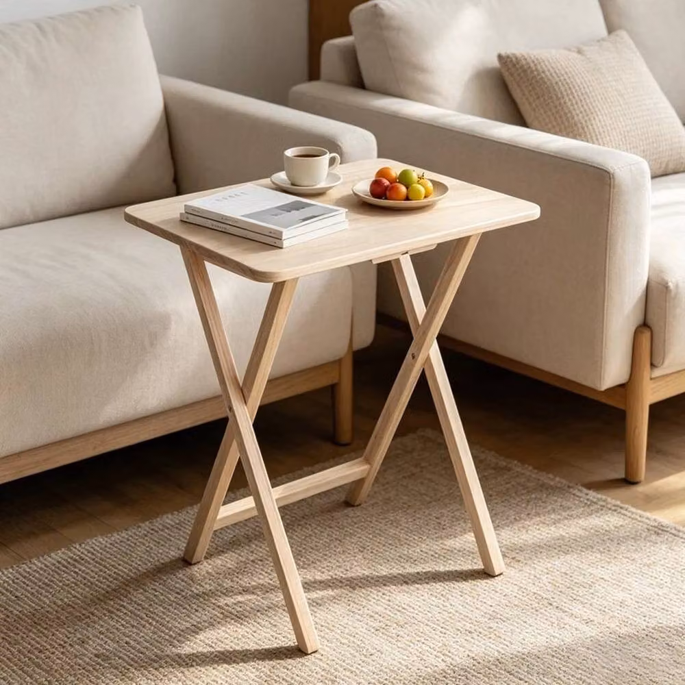 FLAVORA Natural Wooden Folding Snack Table for TV, Laptop or Coffee, Rectangular with X-Frame Design – 3